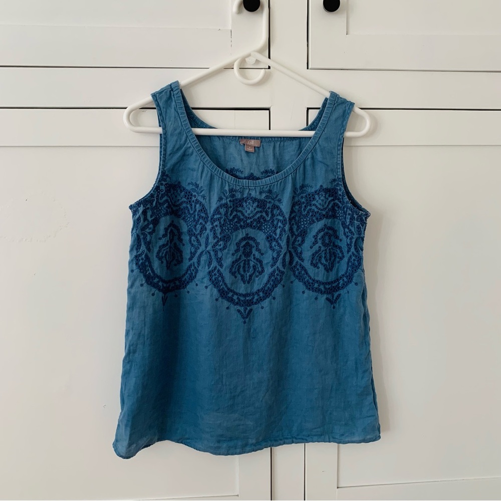 J.Jill Blue Linen Embroidered Floral Tank Top Size Small